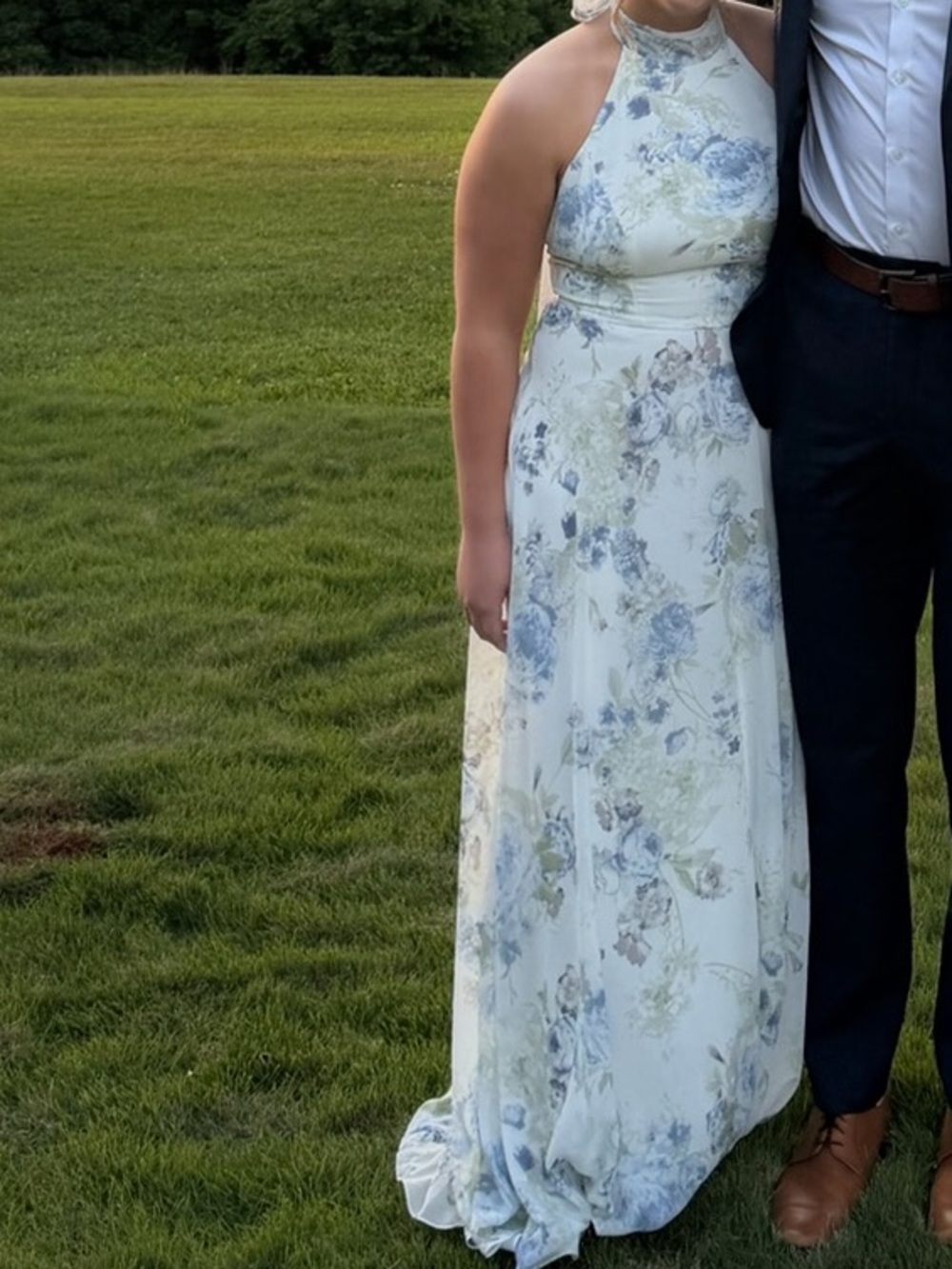 Dessy Group High Neck Backless Floral Bridesmaid Dress